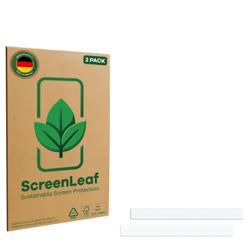 Parte frontale di una confezione del prodotto con il logo del marchio ScreenLeaf. Accanto si trova la protezione per lo scherm