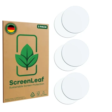 Parte frontale di una confezione del prodotto con il logo del marchio ScreenLeaf. Accanto si trova la protezione per lo scherm