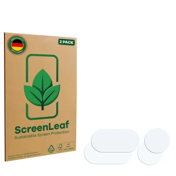 Parte frontale di una confezione del prodotto con il logo del marchio ScreenLeaf. Accanto si trova la protezione per lo scherm