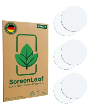 Parte frontale di una confezione del prodotto con il logo del marchio ScreenLeaf. Accanto si trova la protezione per lo scherm