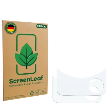 Parte frontale di una confezione del prodotto con il logo del marchio ScreenLeaf. Accanto si trova la protezione per lo scherm