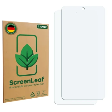 Parte frontale di una confezione del prodotto con il logo del marchio ScreenLeaf. Accanto si trova la protezione per lo scherm