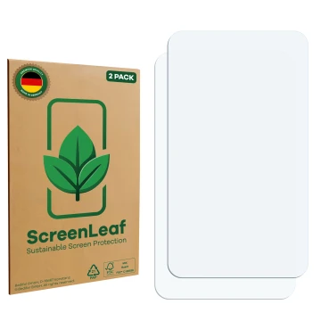 Parte frontale di una confezione del prodotto con il logo del marchio ScreenLeaf. Accanto si trova la protezione per lo scherm