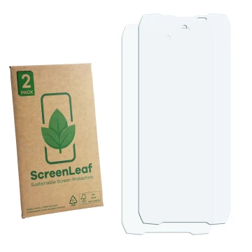 Parte frontale di una confezione del prodotto con il logo del marchio ScreenLeaf. Accanto si trova la protezione per lo scherm