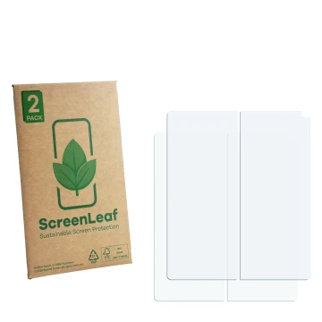 Parte frontale di una confezione del prodotto con il logo del marchio ScreenLeaf. Accanto si trova la protezione per lo scherm