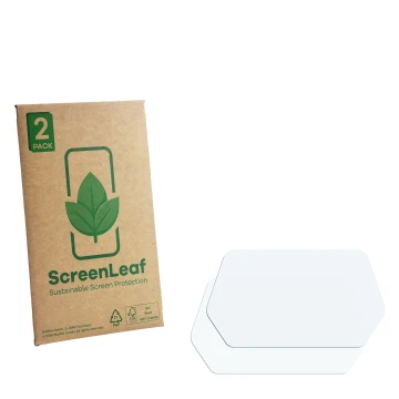 Parte frontale di una confezione del prodotto con il logo del marchio ScreenLeaf. Accanto si trova la protezione per lo scherm