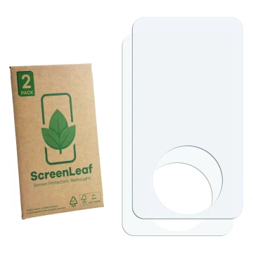 Parte frontale di una confezione del prodotto con il logo del marchio ScreenLeaf. Accanto si trova la protezione per lo scherm