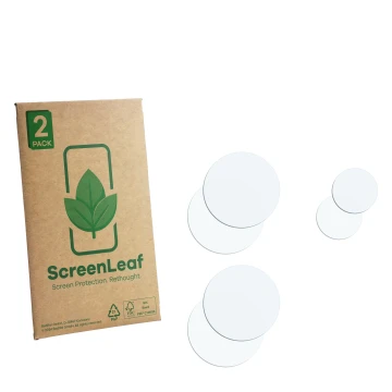 Parte frontale di una confezione del prodotto con il logo del marchio ScreenLeaf. Accanto si trova la protezione per lo scherm
