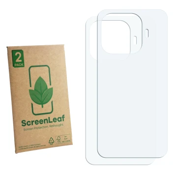 Parte frontale di una confezione del prodotto con il logo del marchio ScreenLeaf. Accanto si trova la protezione per lo scherm