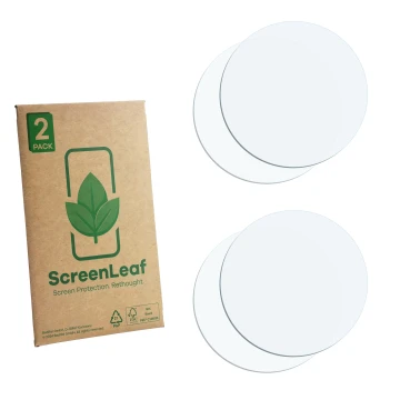 Parte frontale di una confezione del prodotto con il logo del marchio ScreenLeaf. Accanto si trova la protezione per lo scherm