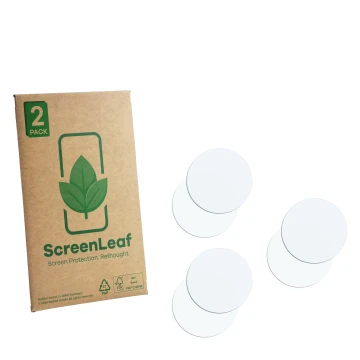 Parte frontale di una confezione del prodotto con il logo del marchio ScreenLeaf. Accanto si trova la protezione per lo scherm