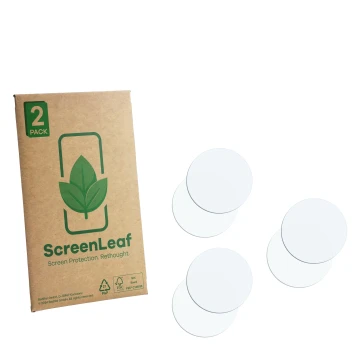Parte frontale di una confezione del prodotto con il logo del marchio ScreenLeaf. Accanto si trova la protezione per lo scherm