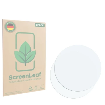 Parte frontale di una confezione del prodotto con il logo del marchio ScreenLeaf. Accanto si trova la protezione per lo scherm