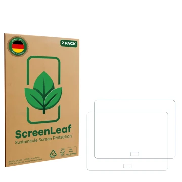 Parte frontale di una confezione del prodotto con il logo del marchio ScreenLeaf. Accanto si trova la protezione per lo scherm