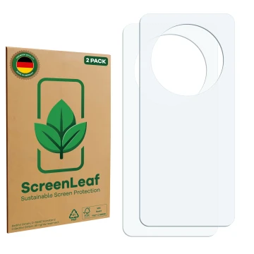Parte frontale di una confezione del prodotto con il logo del marchio ScreenLeaf. Accanto si trova la protezione per lo scherm