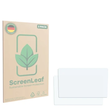 Parte frontale di una confezione del prodotto con il logo del marchio ScreenLeaf. Accanto si trova la protezione per lo scherm