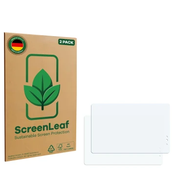 Parte frontale di una confezione del prodotto con il logo del marchio ScreenLeaf. Accanto si trova la protezione per lo scherm