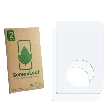 Parte frontale di una confezione del prodotto con il logo del marchio ScreenLeaf. Accanto si trova la protezione per lo scherm