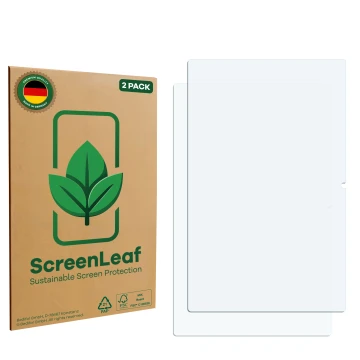 Parte frontale di una confezione del prodotto con il logo del marchio ScreenLeaf. Accanto si trova la protezione per lo scherm