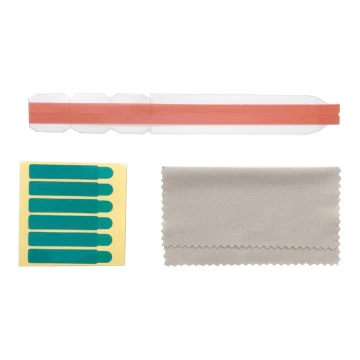 Immagine delle strisce adesive, delle linguette di fissaggio e del panno in microfibra