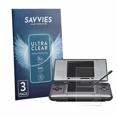 Parte frontale di una confezione del prodotto con il logo del marchio Savvies. Accanto è raffigurato il dispositivo Nintendo D