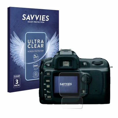 Parte frontale di una confezione del prodotto con il logo del marchio Savvies. Accanto è raffigurato il dispositivo Nikon D50 