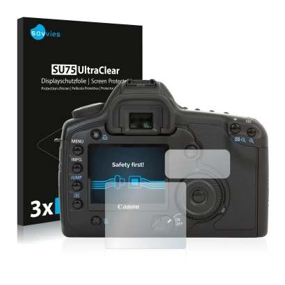 Parte frontale di una confezione del prodotto con il logo del marchio Savvies. Accanto è raffigurato il dispositivo Canon EOS 