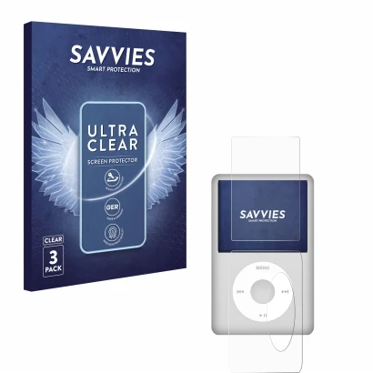 Parte frontale di una confezione del prodotto con il logo del marchio Savvies. Accanto è raffigurato il dispositivo Apple iPod