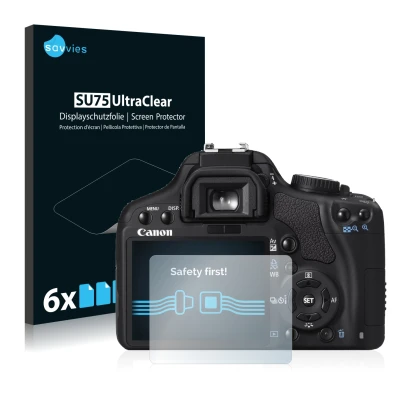 Parte frontale di una confezione del prodotto con il logo del marchio Savvies. Accanto è raffigurato il dispositivo Canon EOS 