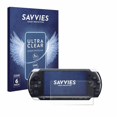 Parte frontale di una confezione del prodotto con il logo del marchio Savvies. Accanto è raffigurato il dispositivo Sony PSP 3