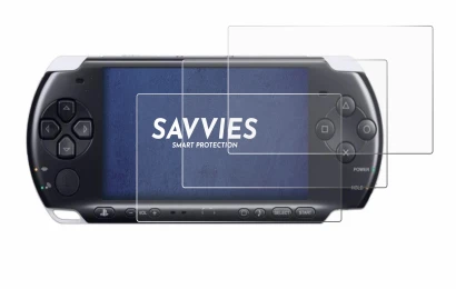 Immagine del dispositivo Sony PSP 3000 con un'ampia varietà di protezioni per lo schermo.