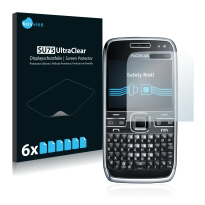 Parte frontale di una confezione del prodotto con il logo del marchio Savvies. Accanto è raffigurato il dispositivo Nokia E72 