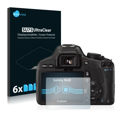 Parte frontale di una confezione del prodotto con il logo del marchio Savvies. Accanto è raffigurato il dispositivo Canon EOS 