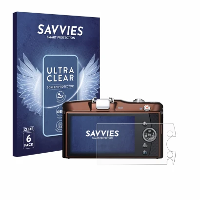 Parte frontale di una confezione del prodotto con il logo del marchio Savvies. Accanto è raffigurato il dispositivo Olympus PE
