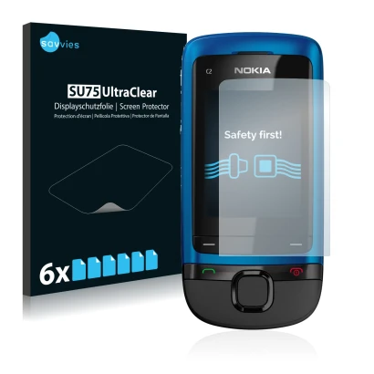 Parte frontale di una confezione del prodotto con il logo del marchio Savvies. Accanto è raffigurato il dispositivo Nokia C2-0
