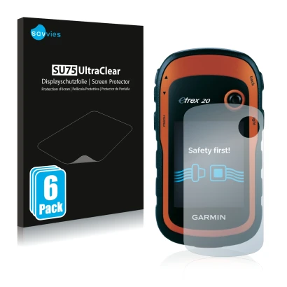 Parte frontale di una confezione del prodotto con il logo del marchio Savvies. Accanto è raffigurato il dispositivo Garmin eTr