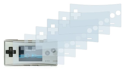 Immagine del dispositivo Nintendo Gameboy Micro con un'ampia varietà di protezioni per lo schermo.