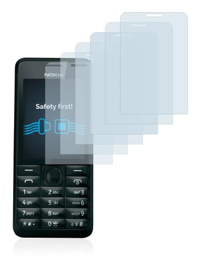 Immagine del dispositivo Nokia 301 con un'ampia varietà di protezioni per lo schermo.