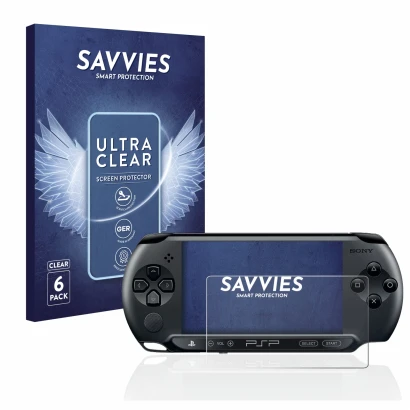 Parte frontale di una confezione del prodotto con il logo del marchio Savvies. Accanto è raffigurato il dispositivo Sony PSP 1