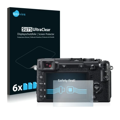 Parte frontale di una confezione del prodotto con il logo del marchio Savvies. Accanto è raffigurato il dispositivo Fujifilm X