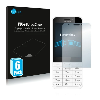 Parte frontale di una confezione del prodotto con il logo del marchio Savvies. Accanto è raffigurato il dispositivo Nokia 230 