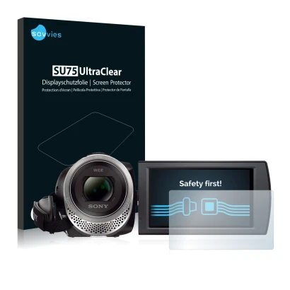 Parte frontale di una confezione del prodotto con il logo del marchio Savvies. Accanto è raffigurato il dispositivo Sony FDR-A