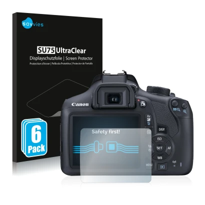 Parte frontale di una confezione del prodotto con il logo del marchio Savvies. Accanto è raffigurato il dispositivo Canon EOS 