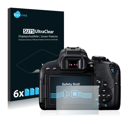 Parte frontale di una confezione del prodotto con il logo del marchio Savvies. Accanto è raffigurato il dispositivo Canon EOS 