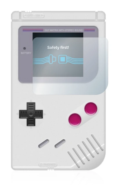 Immagine del dispositivo Nintendo Gameboy (1989) con un'ampia varietà di protezioni per lo schermo.
