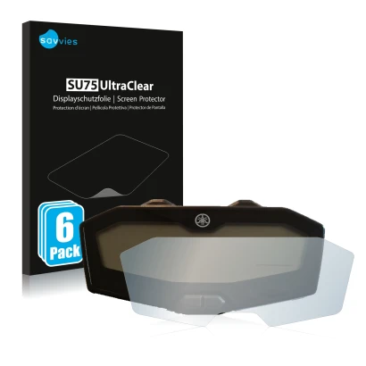 Parte frontale di una confezione del prodotto con il logo del marchio Savvies. Accanto è raffigurato il dispositivo Yamaha MT-