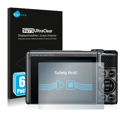 Parte frontale di una confezione del prodotto con il logo del marchio Savvies. Accanto è raffigurato il dispositivo Canon Powe