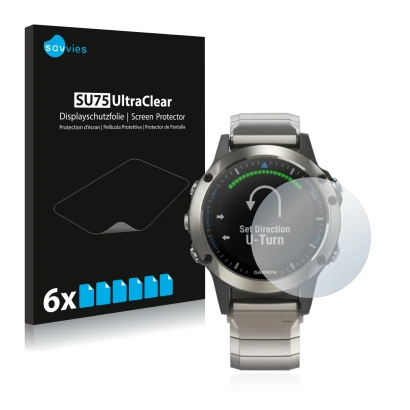 Parte frontale di una confezione del prodotto con il logo del marchio Savvies. Accanto è raffigurato il dispositivo Garmin qua