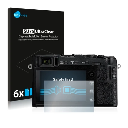 Parte frontale di una confezione del prodotto con il logo del marchio Savvies. Accanto è raffigurato il dispositivo Fujifilm X
