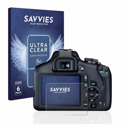 Parte frontale di una confezione del prodotto con il logo del marchio Savvies. Accanto è raffigurato il dispositivo Canon EOS 
